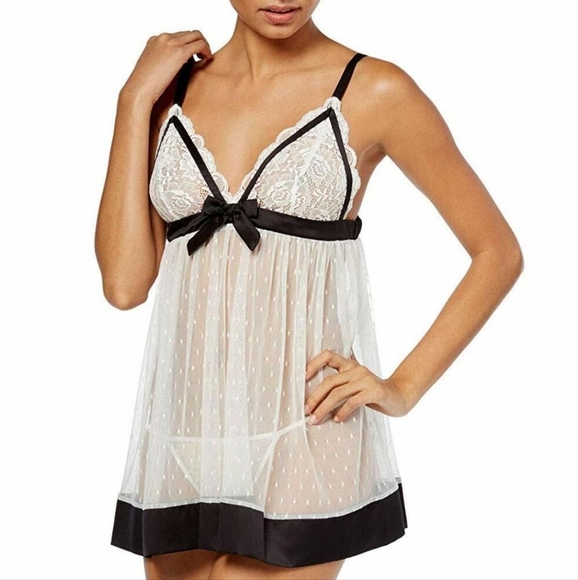 Linea Donatella M Womens Satin Trimmed Mesh Babydoll Lingerie Top Ivory& Black - Picture 1 of 12